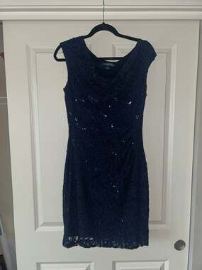 Lauren Ralph Lauren Women's Size 10 Navy Blue Lace Sequin Cowl Neck Dress
